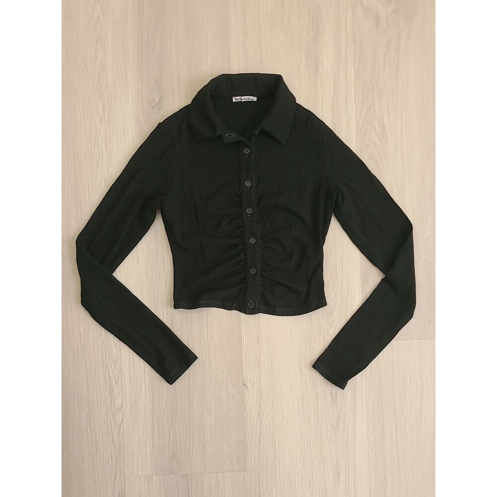 Reformation Elin Knit Top XS Long Sleeve Ruch Ribbed Collared Preppy Goth Black
